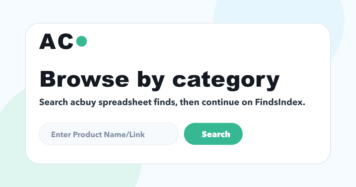 Plug Spreadsheets preview card showing ACBuy category search before FindsIndex browsing
